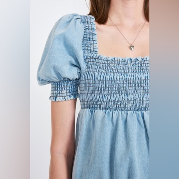 Altar’s State Denim Puff Sleeves Smocked Babydoll Mini Dress Size M - Picture 13 of 13